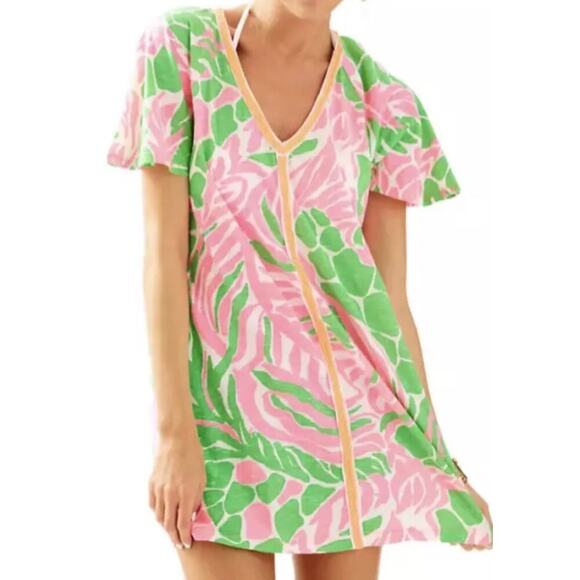 Lilly Pulitzer Bonita Cover Up Dress Tunic V Neck Mini Cotton Pink Green Size XS - Picture 1 of 10